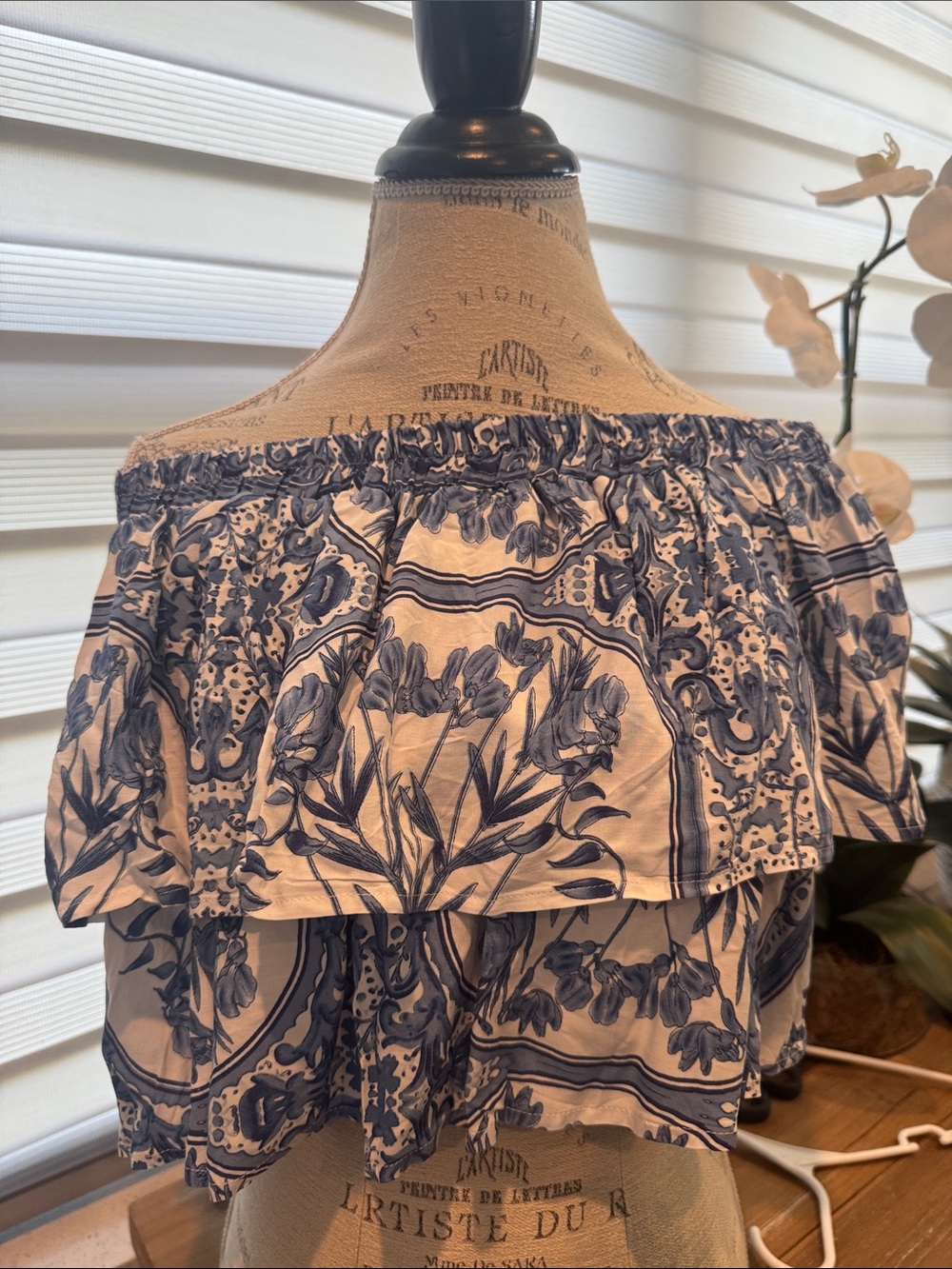 Jaase Blue and White Off-Shoulder Floral Ruffle Top